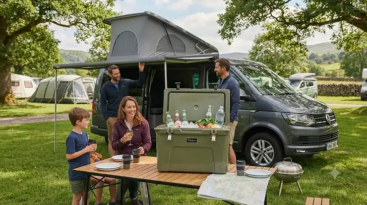 A large 100L cool box packed with provisions for a week-long family camping trip. best 100L cool box