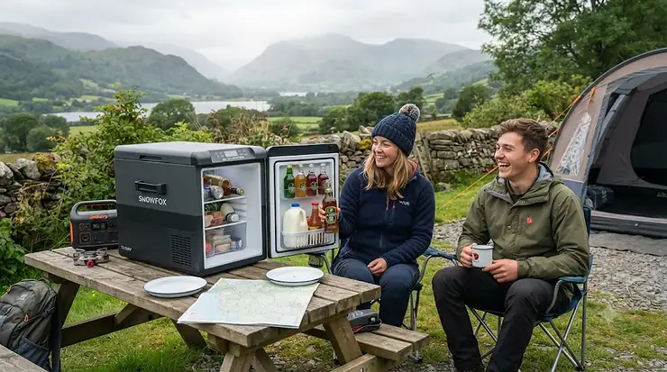 A couple enjoying a cold drink from the best 12v camping fridge at a scenic lakeside campsite in the British countryside. best 12v camping fridge