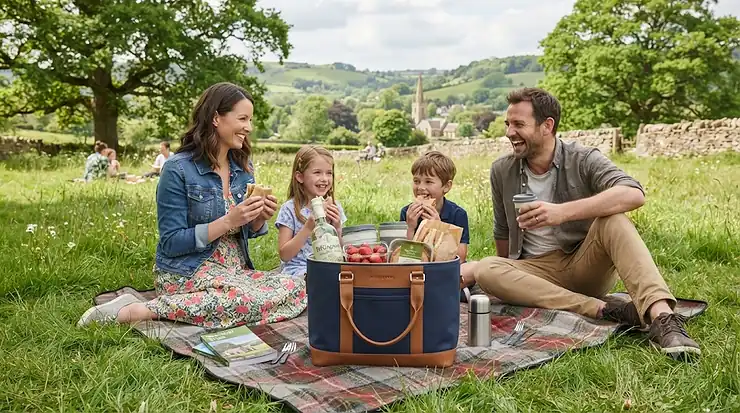 A family enjoying a picnic with a stylish cool bag in the Cotswolds. best cool bag