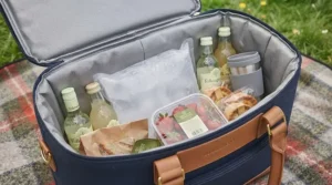 Top-down view into a packed cool bag showing drinks, strawberries, and pies.