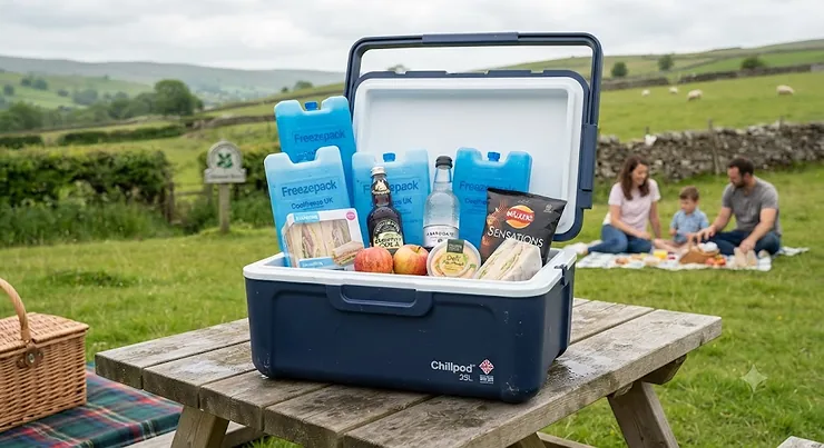 A set of high-performance ice packs arranged inside a blue camping cool box for a day trip. ice packs for cool box