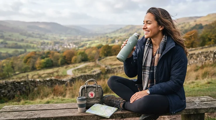 A sleek, stainless steel insulated water bottle sitting on a wooden desk next to a notebook, ready for daily commutes or outdoor walks. insulated water bottle