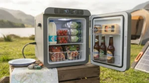 Demonstrating the interior storage capacity of a 12v camping fridge filled with fresh food and drinks for a weekend trip.