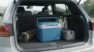 The blue mini cool box sitting securely in the boot of a modern hatchback car, demonstrating its compact footprint for road trips and day outings.