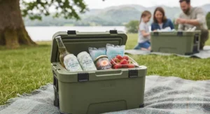 A compact personal cool box packed with drinks for a British summer picnic.