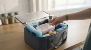 A compact, personal-sized cool box being packed with several mini blue ice blocks, illustrating how to keep a single lunch and drink cool on a day trip.