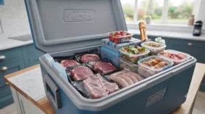 Slim yet large surface-area ice packs slotted efficiently down the sides of a packed cool box.