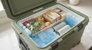 Illustrative guide showing the most effective way to stack food and ice packs.