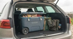 The wheeled cool box packed securely into the boot of a family estate car, beside a folded dog bed and wellington boots.