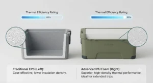 Diagram comparing PU foam and rotomoulded insulation efficiency for keeping ice.