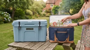 A comparison showing a rigid large cool box next to a soft insulated cool bag.