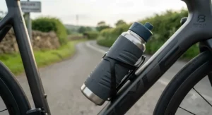 A slimline sports water bottle slotted securely into a bicycle frame cage for easy access on long road rides.