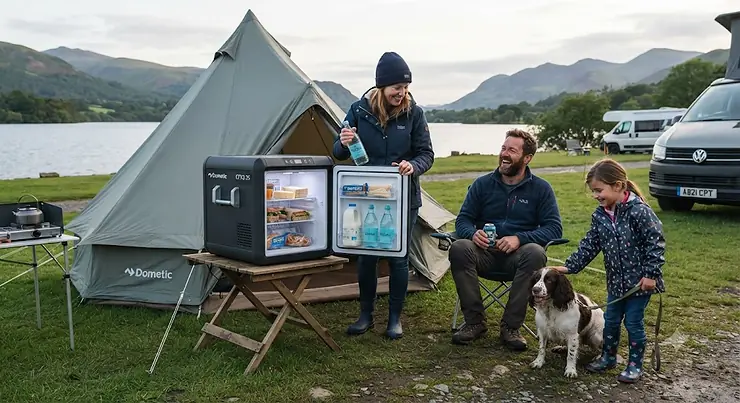 A Dometic camping fridge on a stand outside a canvas tent by a lake in the Lake District, with a family and campervan. Dometic camping fridge