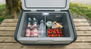 An open Dometic electric cool box demonstrating its substantial interior capacity, filled with various items including 2-litre bottles, fresh produce, and dairy.