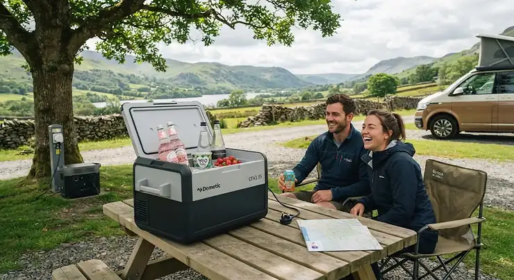 A Dometic electric cool box plugged into a mains hook-up outside a caravan in the Lake District, keeping food and drinks chilled during a summer camping holiday. Dometic electric cool box