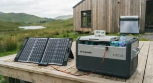 A Dometic electric cool box connected to a portable solar panel setup outside an off-grid cabin in Scotland, illustrating sustainable, off-grid cooling.
