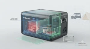 A diagram of the Dometic CFX3, with internal wireframes showing distinct blue freezer and green fridge temperature zones and contents.