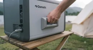 A cutaway illustration of the Dometic fridge wall, revealing the thick polyurethane foam insulation and cooling coils within the grey casing.