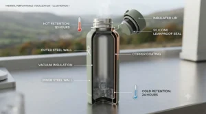 Cross-section diagram showing a double-wall vacuum insulated water bottle keeping drinks ice-cold or piping hot.