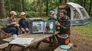 A family camping trip in a forest with a portable 12v camping fridge set up on a wooden table outside their tent.