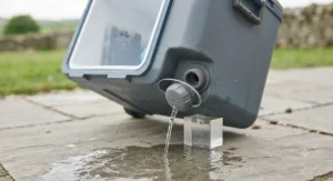 Detail view of the integrated drain plug on the 50L cool box for simple cleaning after use.