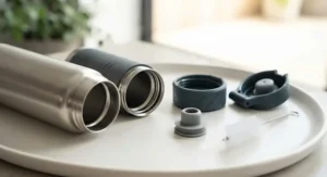 Disassembled components of a dishwasher-safe sports water bottle laid out to show effortless cleaning and maintenance.