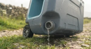 A close-up of the low-profile drainage plug at the base of the cool box, with water emptying out onto the grass.