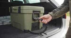Close-up of a 12V plug connecting an electric cool box to a car socket.