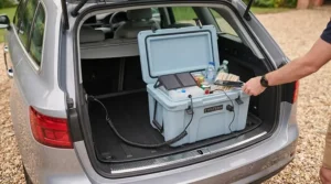 An electric cool box plugged into a car 12V socket, perfect for road trips.
