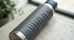 Close-up of a sports water bottle showing an anti-slip grip for comfortable handling during running or cycling sessions.