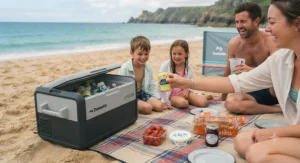 A family enjoying a picnic on a sandy beach in Cornwall with a Dometic electric cool box keeping refreshments chilled and readily accessible.
