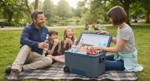 A family enjoying a summer picnic in a British park with their 50L wheeled cool box.