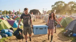 A large cool box being carried by two people towards a music festival tent area.