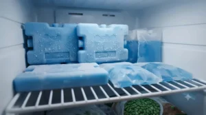 A freezer shelf neatly stacked with large ice packs freezing overnight ahead of a family day out.