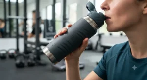 Fitness enthusiast drinking from a lightweight sports water bottle during a high-intensity workout at a local UK fitness centre.