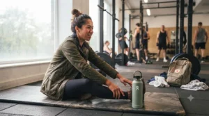 A matte-finish insulated water bottle resting on a gym floor next to a yoga mat after a workout session.