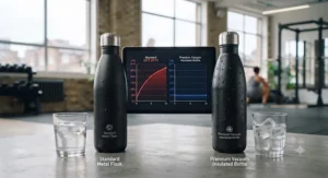 Infographic showing how a vacuum insulated water bottle for the gym keeps drinks ice-cold during long training sessions.