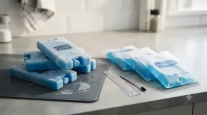 A direct comparison of rugged, hard-shell blue plastic ice blocks and flexible gel packs laid out on a kitchen worktop, demonstrating the two main types available for cool boxes.