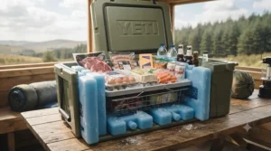 A large, rugged cool box packed for a camping trip, with multiple heavy-duty blue ice blocks lining the base and walls, keeping meat, dairy, and drinks chilled.