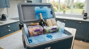 Cross-section diagram showing large ice packs placed at the top and sides of food containers inside a cool box for optimal cooling.