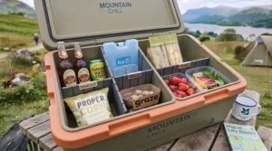Step-by-step setup of a cool box divider organising food and drinks for a British beach picnic.