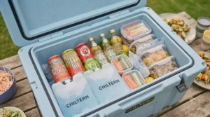 An organised cool box showing layers of food, drinks, and ice blocks.