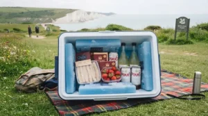 A detailed view of the open cool box from image_0.png, showing the hard blue ice blocks placed strategically along the sides and bottom to create a cold perimeter around the chilled food and drink.