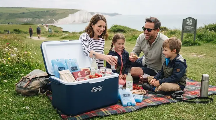 A family of four enjoying a picnic on the South Downs near the Seven Sisters cliffs in England, with an open cool box revealing blue ice blocks and various food items. ice blocks for cool box