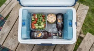 Top-down view showing the most efficient way to arrange ice packs inside a cool box for maximum cooling.