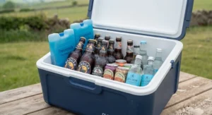 Cold drinks arranged around ice packs inside an insulated cool box for a summer outing.