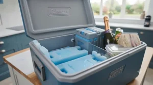 Large ice packs keeping raw meats and salads chilled inside a cool box at a British garden barbecue.