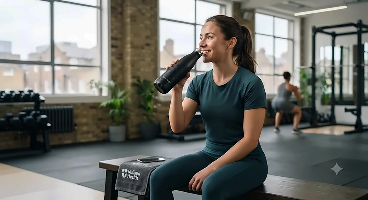 A stainless steel insulated water bottle for the gym kept on a bench, keeping water cold for a UK workout. insulated water bottle for gym