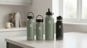 A lineup of three different sized insulated water bottles ranging from 500ml to 1000ml for easy capacity comparison.