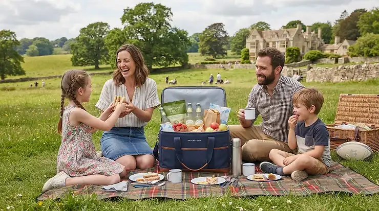 A family enjoying a picnic in a sunny British field with a large cool bag. large cool bag for family picnic